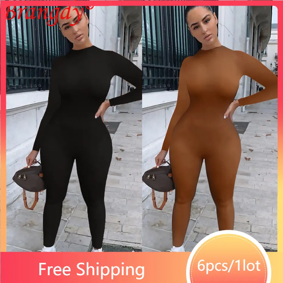

6pcs Wholesale Items for Business Sexy Bodycon Jumpsuit Women Solid Skinny Long Sleeve Solid One Piece Overall B10730