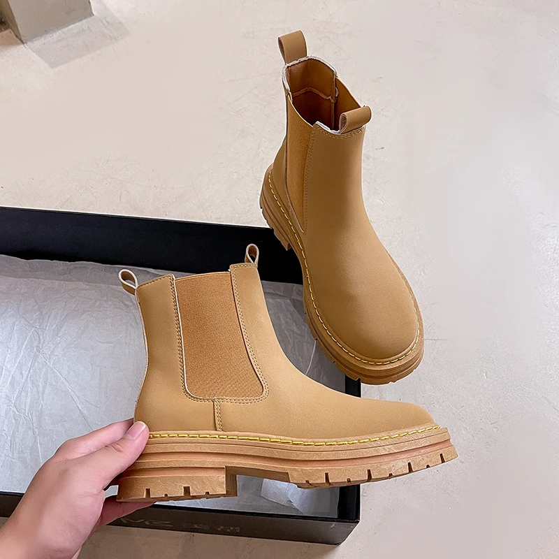 

2022 Winter Fashion Pu Leather Ankle Boots Platform Womens Fashion Round Toe Ankle Boots Shoes Handmade Thick Heel Chelsea Boots