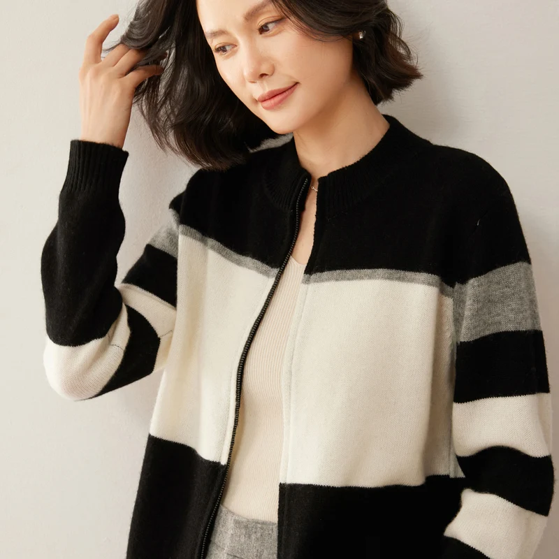 Трехцветный кашемировый свитер женский трикотаж шерстяной кардиган с круглым