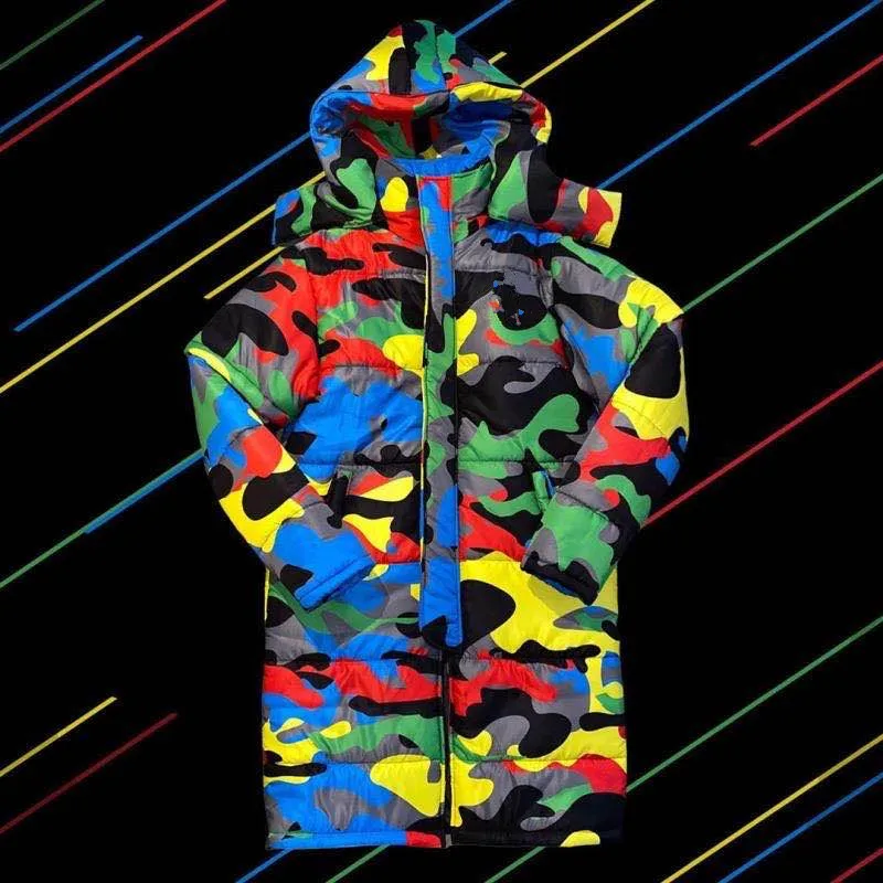 Camouflage Print Winter Long Jacket for Women Casual Long Sleeve Hooded Pocket Puffer Jacket High Street Warm Thick Bubble Parka
