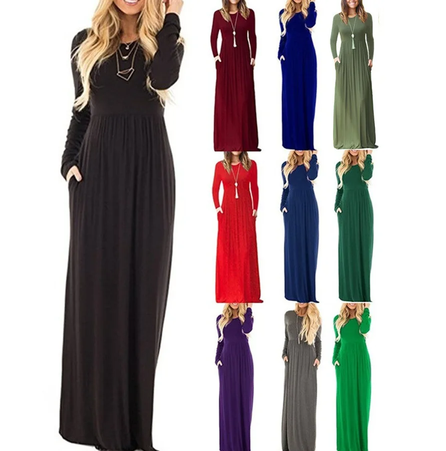 

Solid Long Sleeve Womens Dresses Autumn Winter New Long Sleeve V Neck Pleated Dress for Women