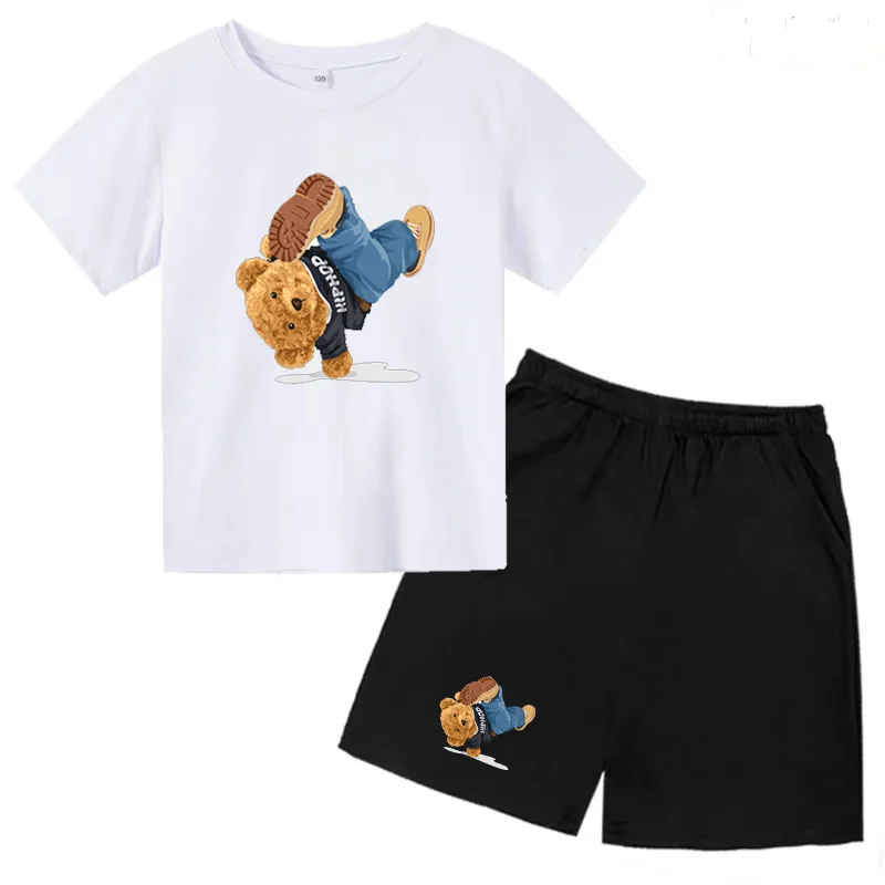 

2023 Fun Bear Car Inverted Print Boy/Girl T-shirt Top + Shorts 2 Piece Set Kids Summer Baby Cute Athleisure Suit for Ages 3-14