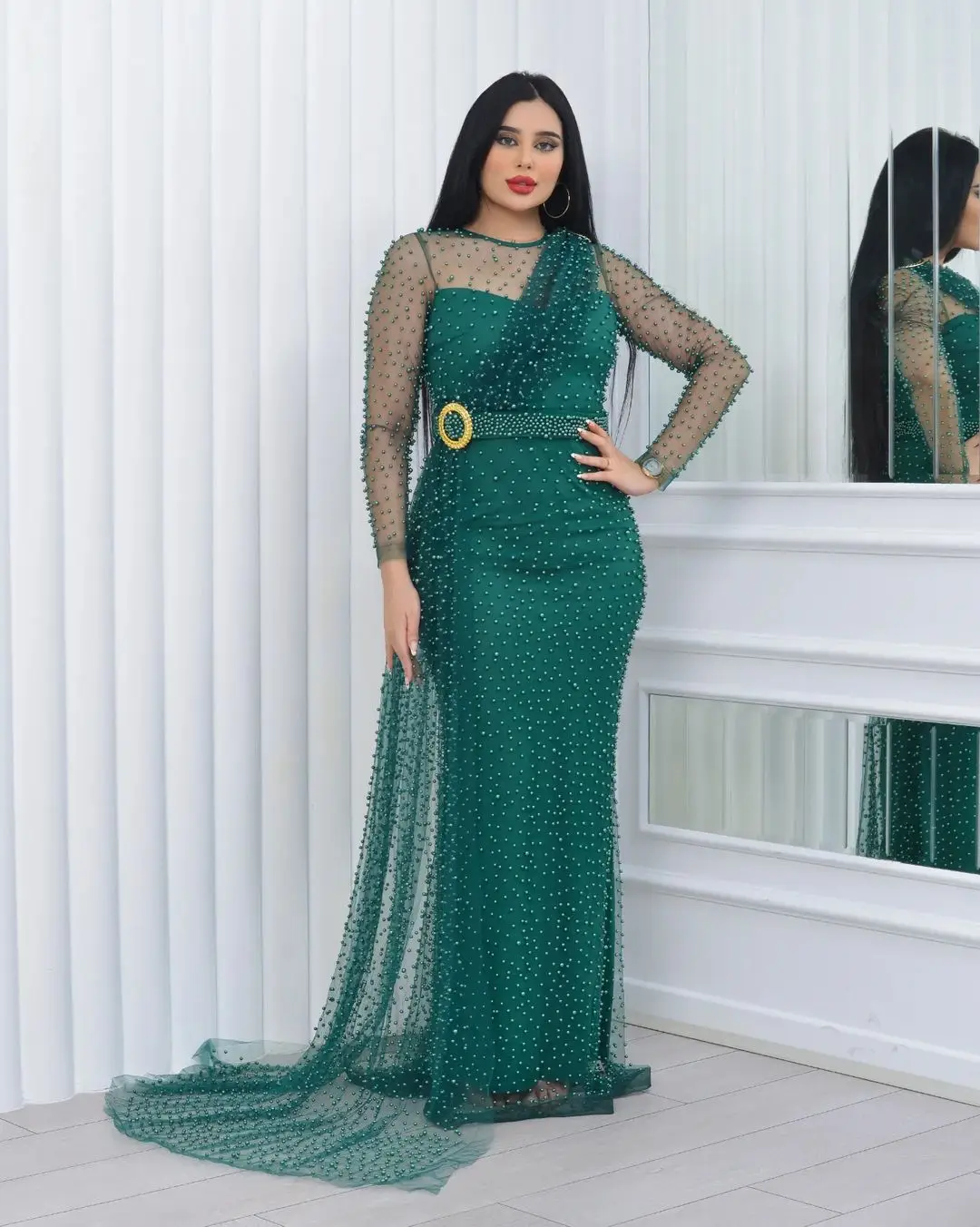 

Green Foraml Evening Dresses Mermaid Beading Prom Dress Long Sleeves Illusion Neck Major Pageant Party Gows Robe De Maria