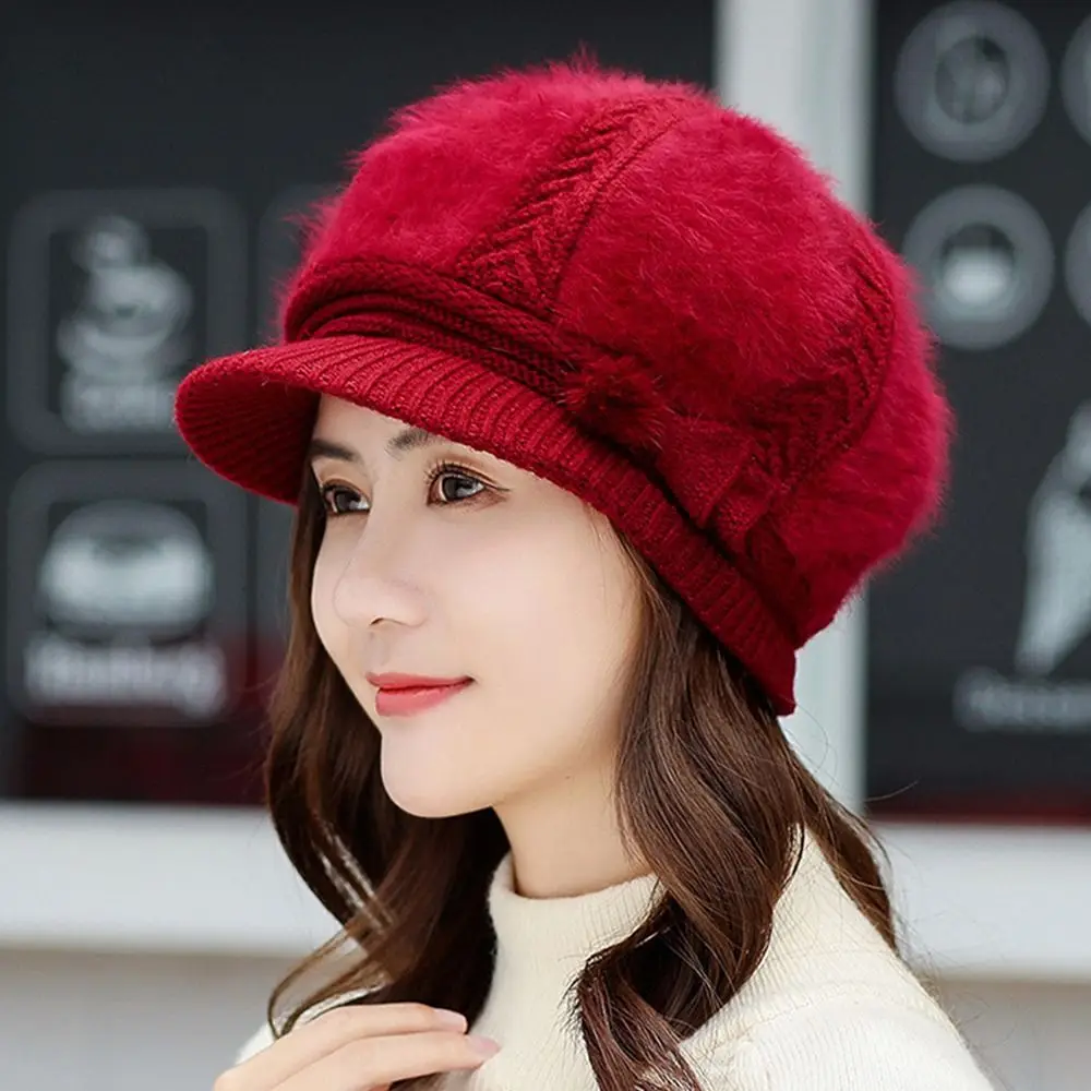 

Female Thick Women Rabbit Fur Knitted Hats Winter Hat Skullies Beanies Ball Cap