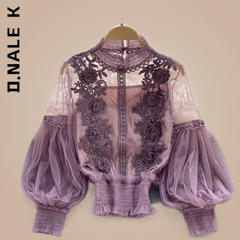 

Модные элегантные женские блузки D.Nale K, кружевная блузка с пышными длинными рукавами, винтажные блузы, корейские женские топы, женские рубаш...