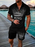 new summer mens t shirt suit black king 3d printed cool mens suit casual beach shorts suit street trend sportswear 2 piece set