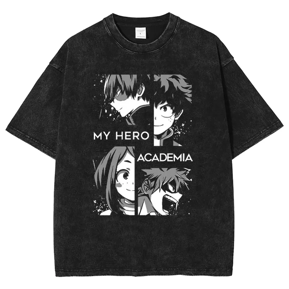 

Graphic Tshirts 100% Cotton Casual Short Sleeve Tees Vintage Washed T Shirt My Hero Academia T-Shirt Anime Deku Bakugou Shoto