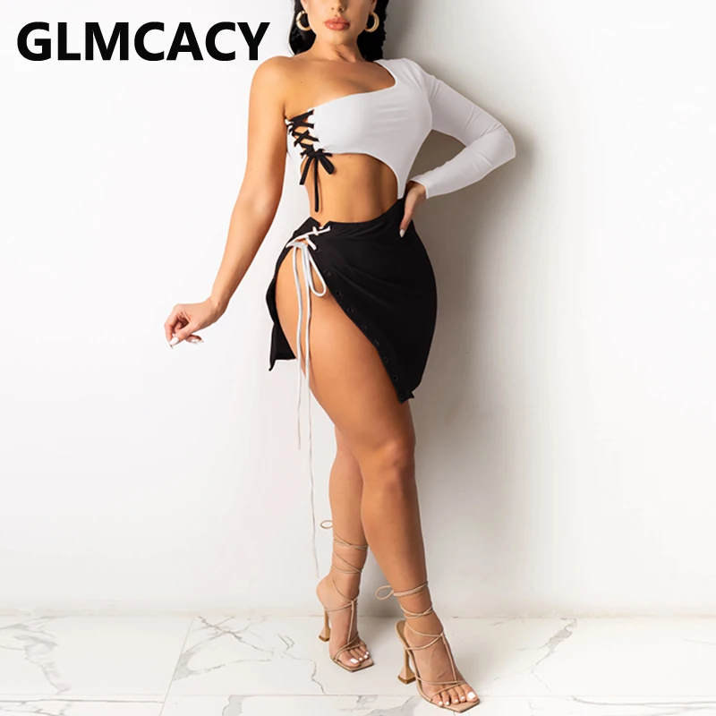 

Женское платье на одно плечо со шнуровкой, пикантное лоскутное мини-платье с вырезами и разрезом