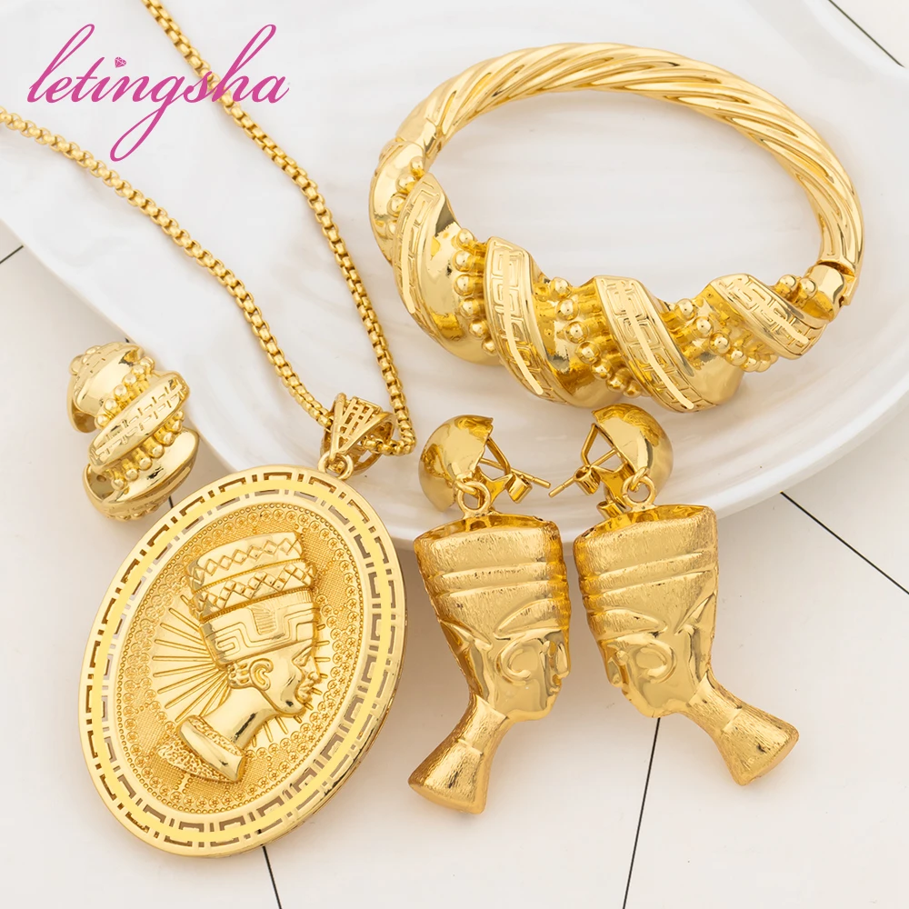 

Hip Hop African Chief Earrings Pendant Set Dubai Luxury Fashion Bracelet Ring Copper Gold Plated Jewelry Set Party Gifts Jewelry