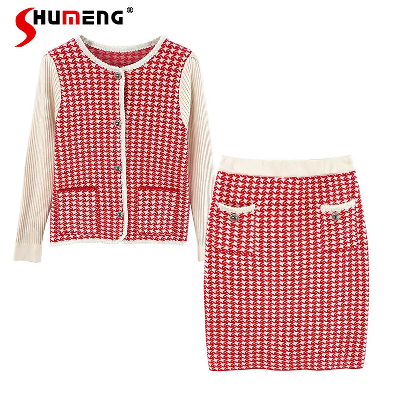 

Two-Piece Knitting Suit 2022 Fall New Fashion Elegant Houndstooth Splicing Knitwear Long Sleeve Coat Women Simple Knitted Skirt