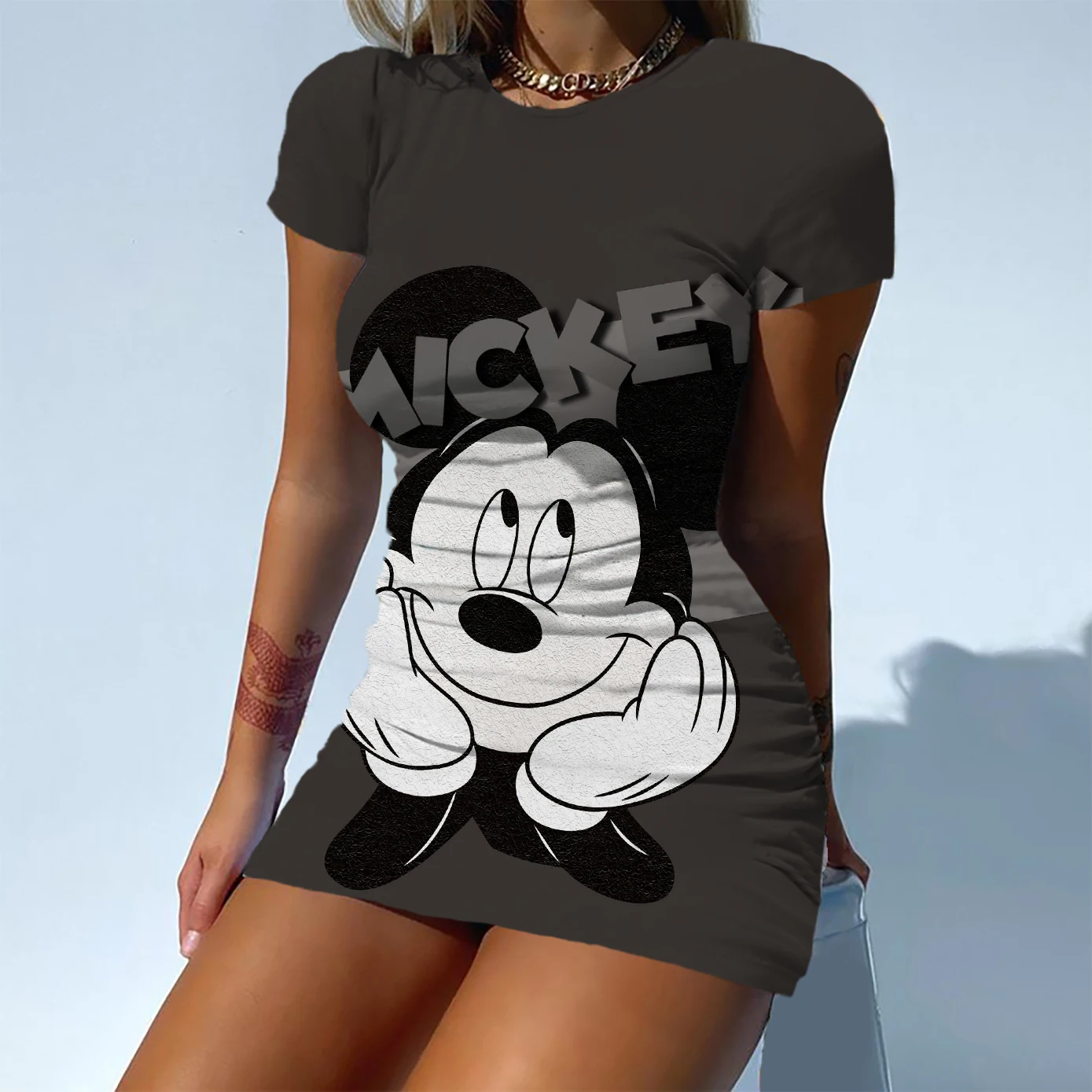 

Disney Mickey Mouse Age Reduction Cartoon Print Short Sleeve Sexy Tight Dress Summer Fashion Bag Hip Beach Party Dress 2022 New