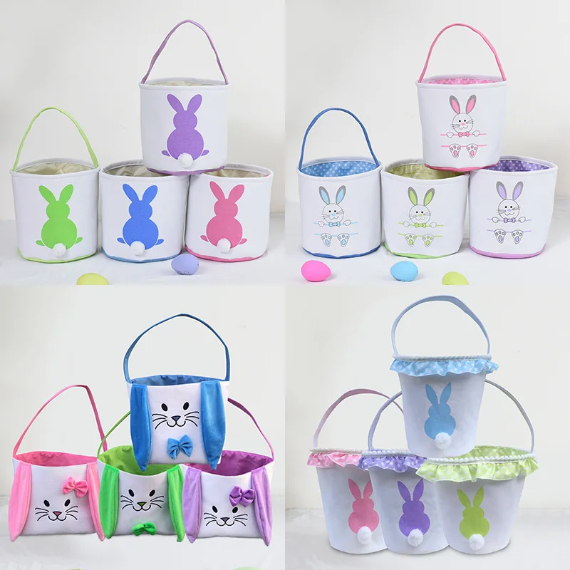 

2022 New Easter Egg Hunt Basket Decorations Plush Rabbit Tail Bunny Storage Basket Tote Bucket Easter Canvas Bags Wholesale
