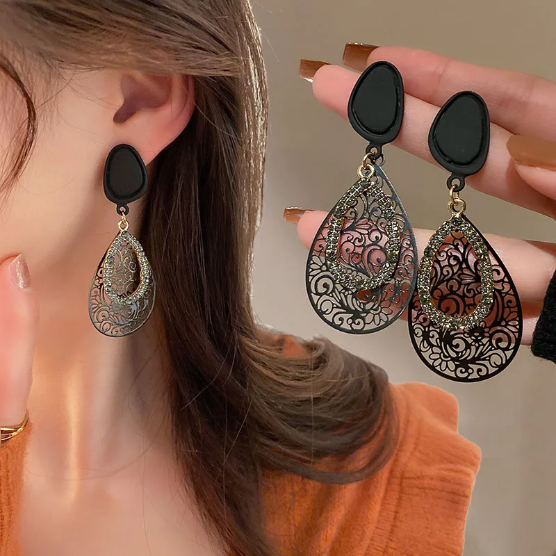 Французские Винтажные серьги с вырезами и черными цветами, блестящие женские серьги-подвески стразы, ювелирные изделия, подарок