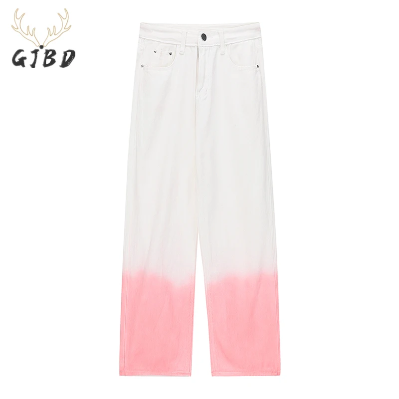 

Women's White Jeans Gradient Pink Straight Pants High Waist Vintage Baggy Wide Leg Casual Fashion Denim Trouser Ladies Summer