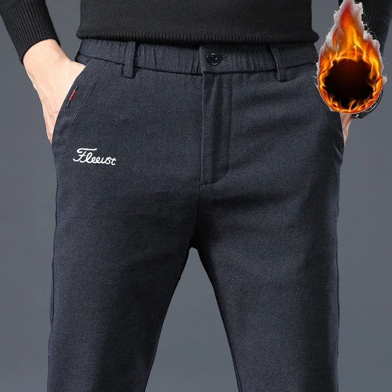 

Новые зимние мужские флисовые брюки для гольфа, утепленные теплые облегающие прямые черные деловые брюки для гольфа с эластичным поясом, брендовая одежда