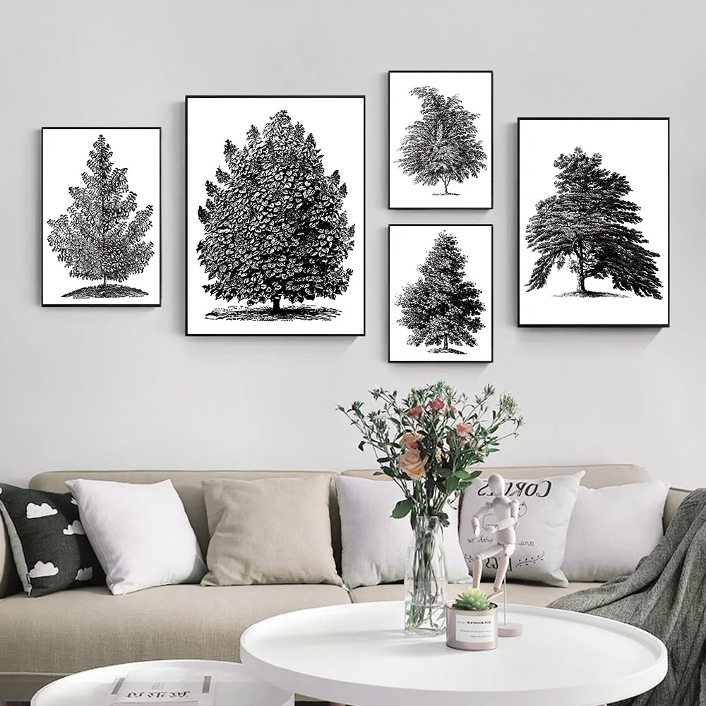 

Fashion art minimalist black and white plant tree canvas painting office wall art poster living room home decoration mural
