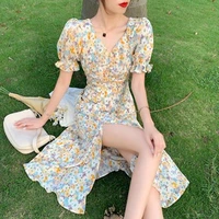 new french style bubble sleeve v neck floral dress mid summer long split a line tea break skirt woman dress