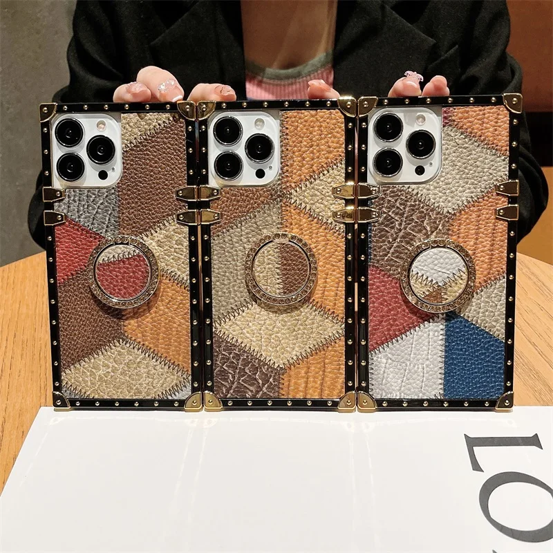 

Luxury Colorful Patch Leather Square Phone Case For IPhone 13 12 11 Pro Max XR XS 6 7 8 Plus Diamond Ring Stand Shockproof Cover