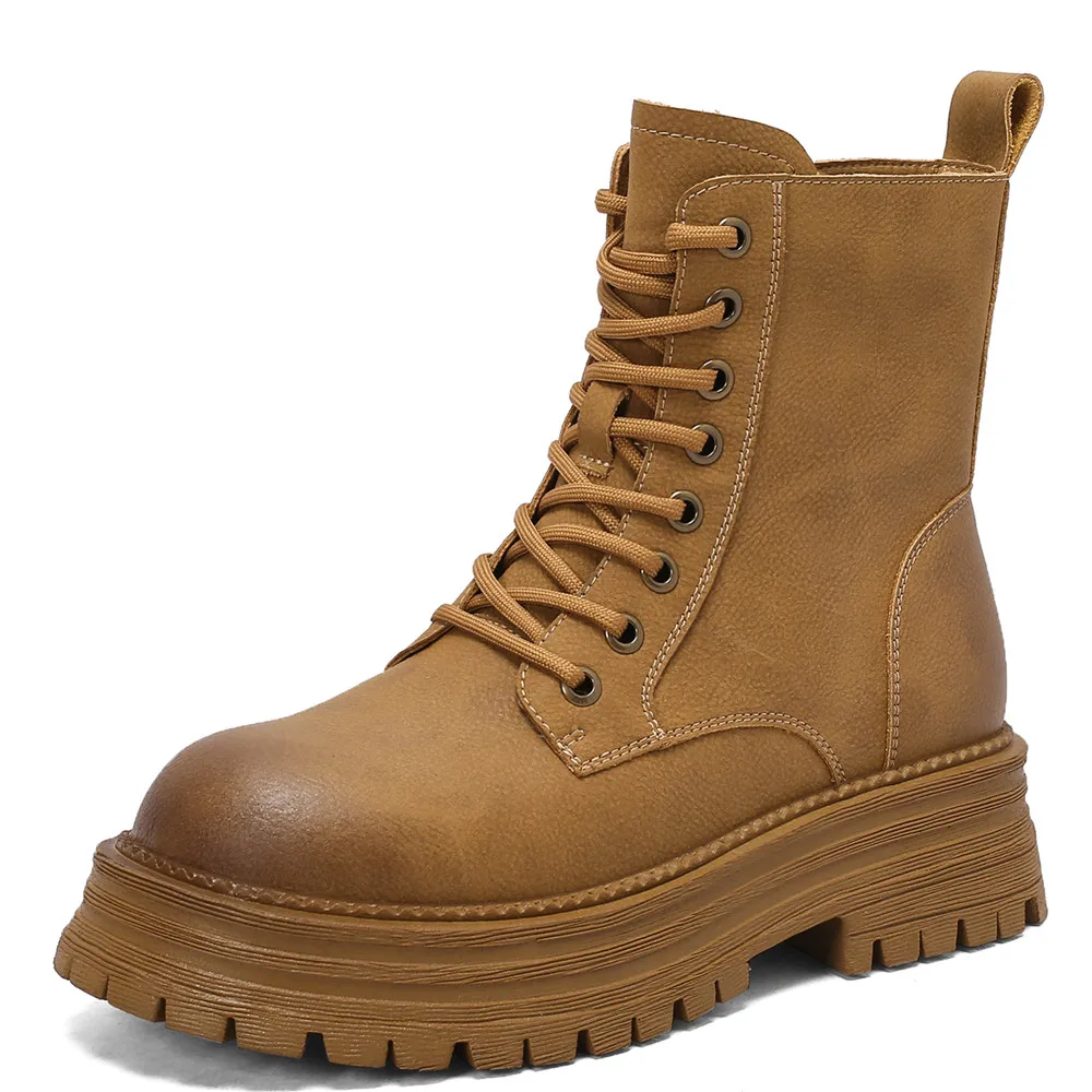 

Женские ботильоны на шнуровке, натуральная кожа, круглый носок, толстая платформа, повседневная обувь на плоской подошве