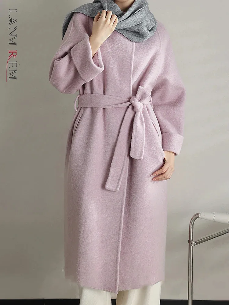 

[LANMREM] Elegant Wool Warm Coats For Women Round Neck Lace-up Gathered Waist Fashion Female Outwear 2023 Winter New 26D7316