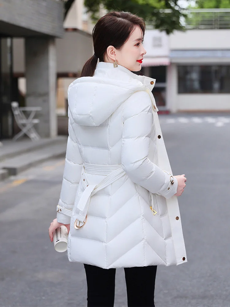 New Women Winter Thicken Down Jacket Simple Fashion Hooded Glossy Surface Belt Slim Down Coat Medium White Duck Down Outerwear