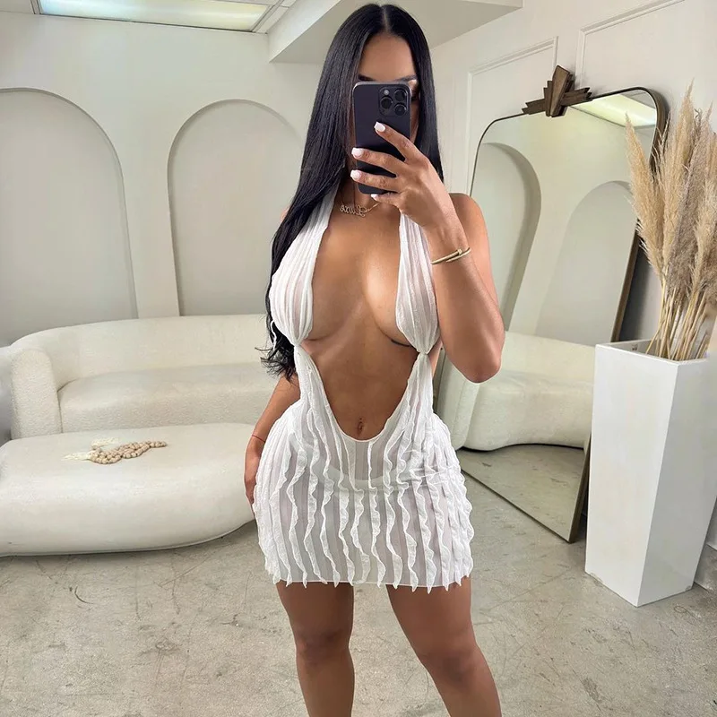 

Crystal Halter Sleeveless Backless Solid Hollow Out Lace Up Sexy Slim Mini Dress Summer Women Fashion Beach Festival Y2K Outfit
