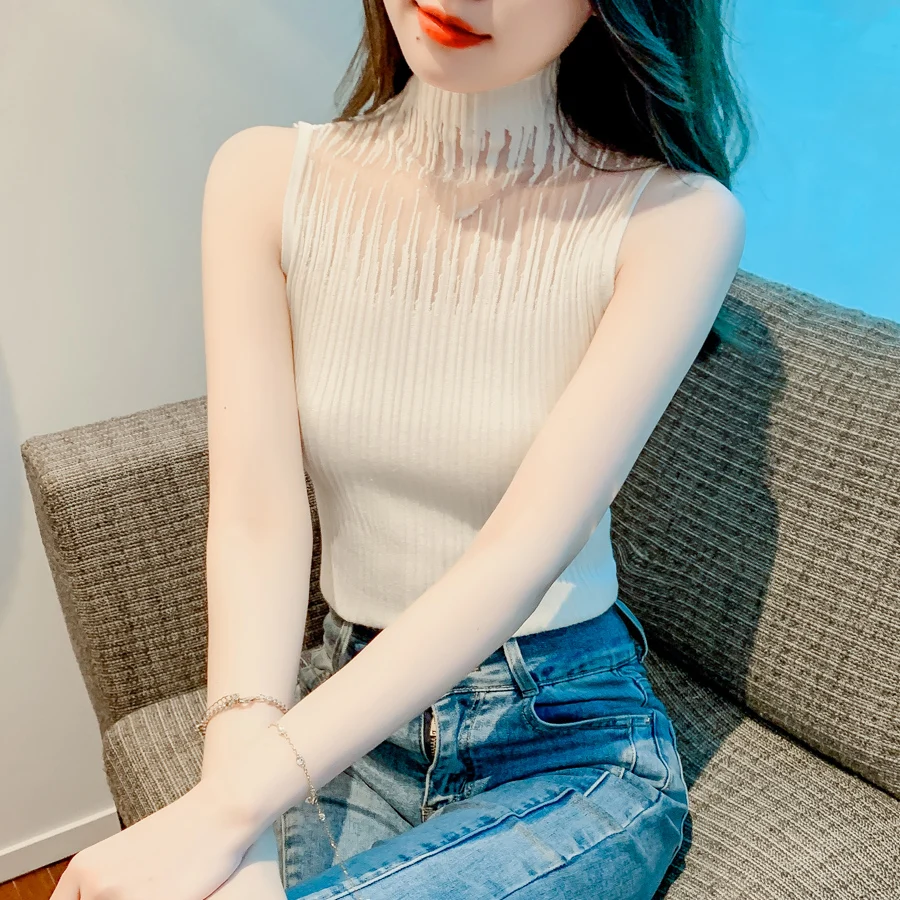 

Новинка лета 2023, вязаная футболка из органзы, сексуальная майка без рукавов, женская рубашка с высоким воротником