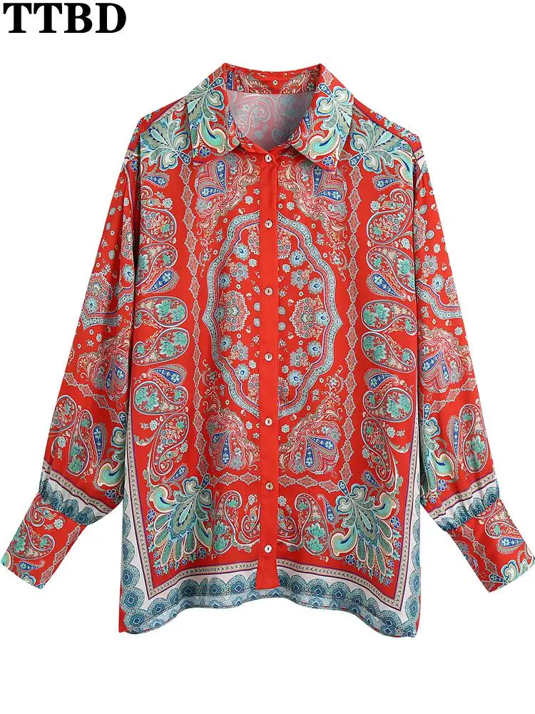 

TTBD blouses Women fashion totem print button-up loose shirts traf vintage long sleeve side vents femal blusas chic tops