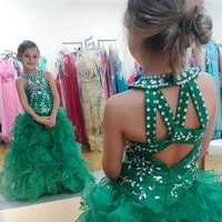 Green Girls Pageant Dresses For Weddings Halter Organza Ruffles Ball Gown Beaded Long Flower Girl Dresses For Little Girls