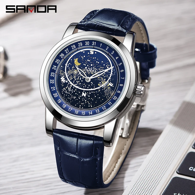 

SANDA Brand 2022 New Fashion Starry Sky Mechanical Watches Men Automatic Watch Sport Leather Casual Wristwatch Relojes Hombre