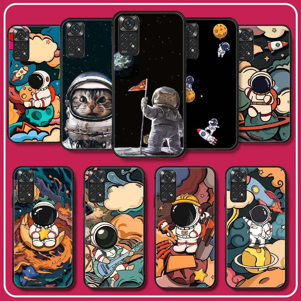 

Cartoon Astronaut Art Silicone TPU Phone Case For Xiaomi Redmi Note 7 8 9 10 11 12 T A C S Pro Plus K60 Cover Soft Black