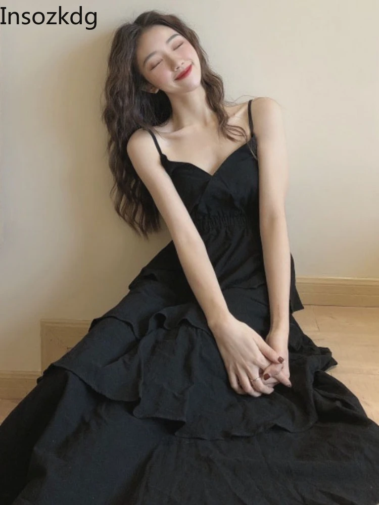 

Insozkdg Summer 2022 New Women Spaghetti Straps Sexy V-Neck Off The Shoulder Ladies Dress Ruffles Cake Style Female Robe Dresses