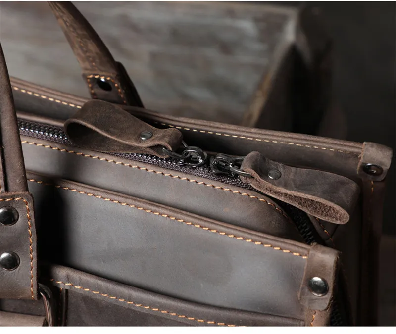 Retro fashion designer natural real cowhide men's large-capacity briefcase daily work Crazy horse cowhide shoulder messenger bag