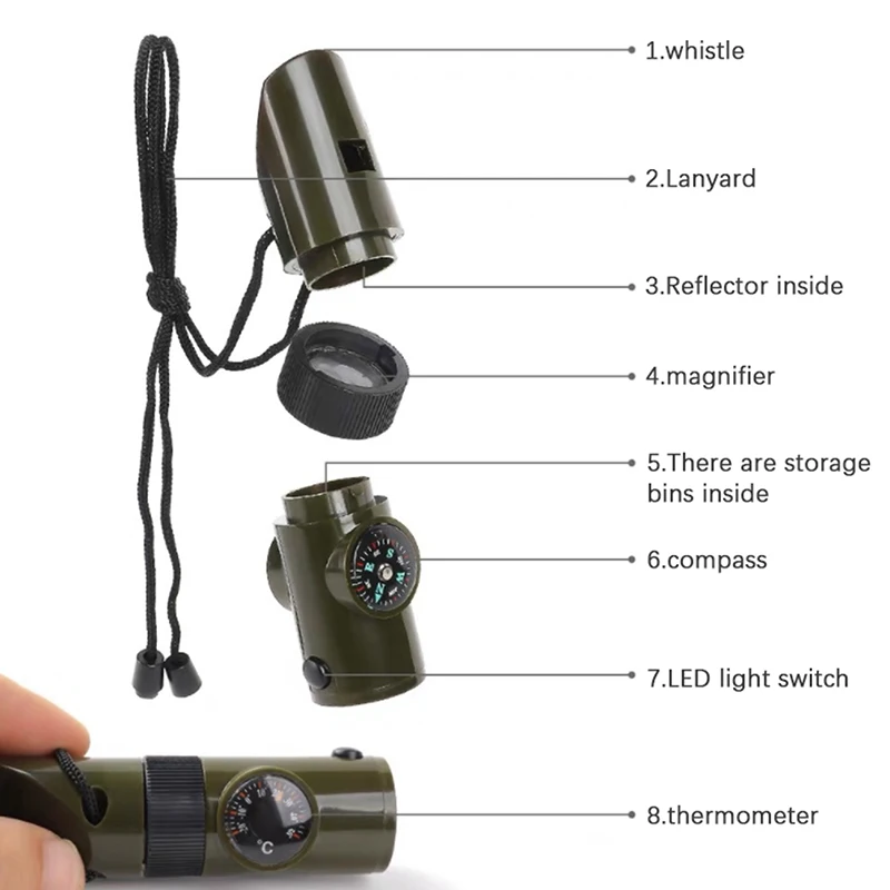 

7 In 1 Survival Whistle Bushcraft Trekking Whistle Compass Mirror Magnifier Led Light Thermometer Sealed Storage Emergency Tools