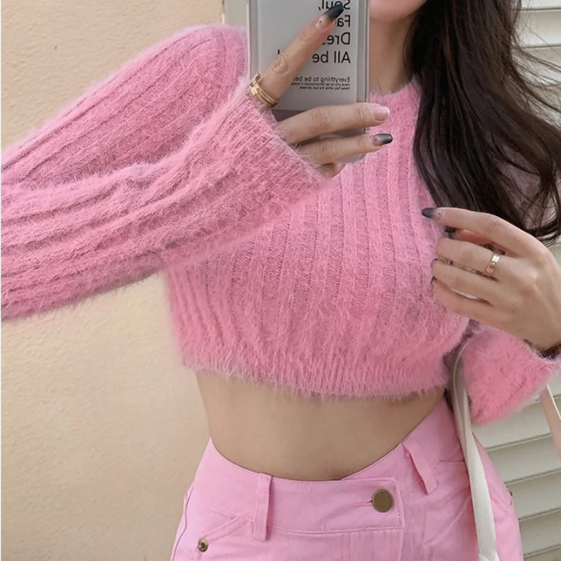 

Autumn Women Sexy Knitted Pullover Sweater Mink Cashmere Pure Desire O-neck Long-sleeved Tops Fashion Tight-fitting Sweater