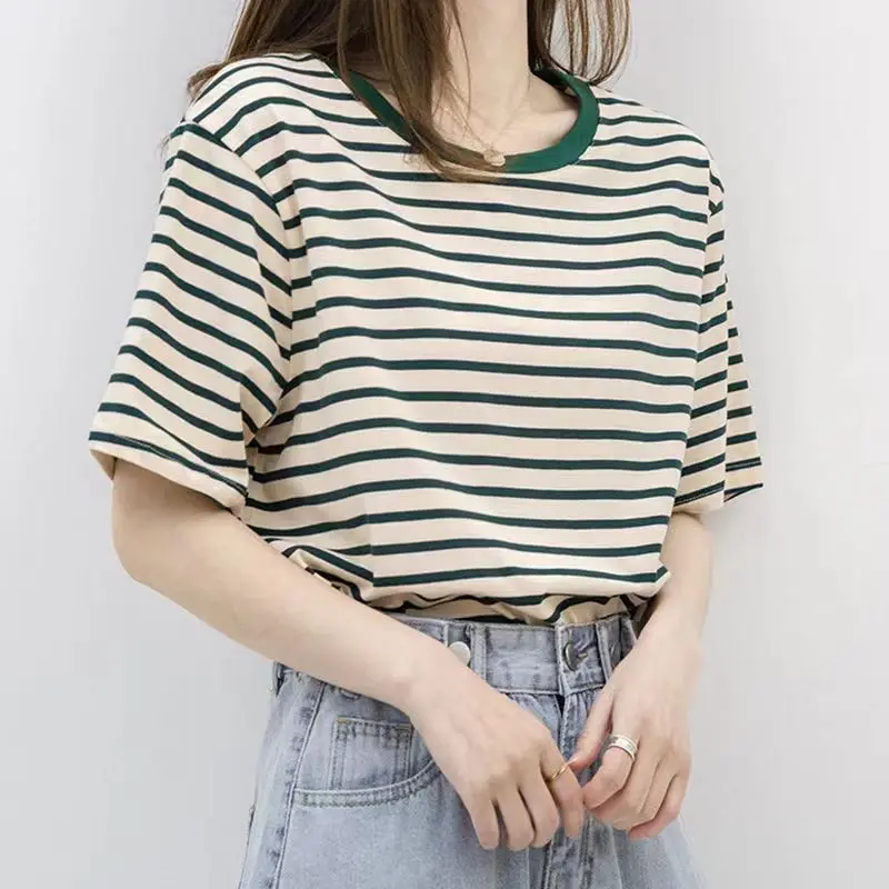 

2022 9 Colors Summer Women Striped T Shirt Loose O-Neck Cotton Tees Harajuku Short Sleeve Shirt Women Clothes Basic Tee Shirt