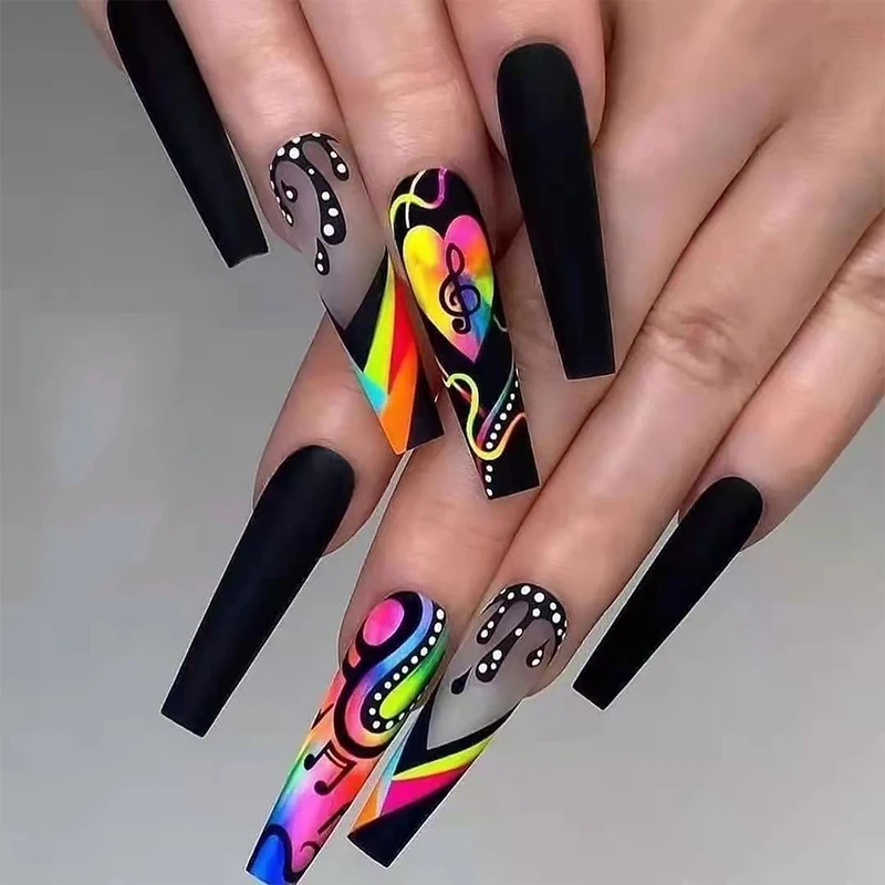 

24pcs Long Stiletto False Nails Wave Peals Decorated Wearable French Fake Nails Press On Nails Heart Print Almond Manicure Tip