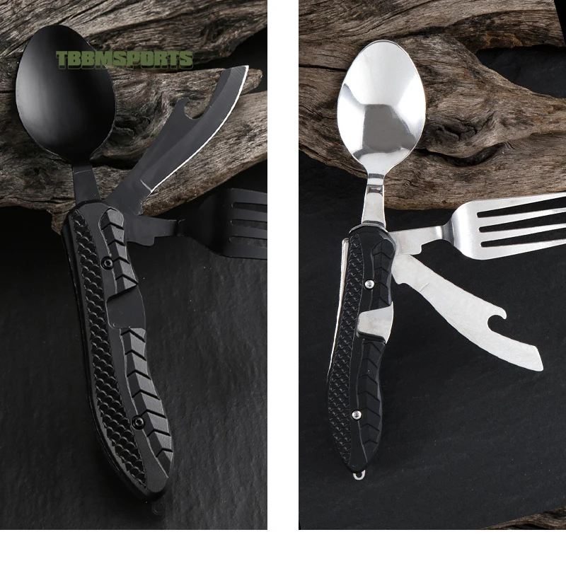 

3-in-1 Multitool Camping Utensils Portable Stainless Steel Foldable Spoon Fork Knife Bottle Opener Combo Set Backpacking Cutlery