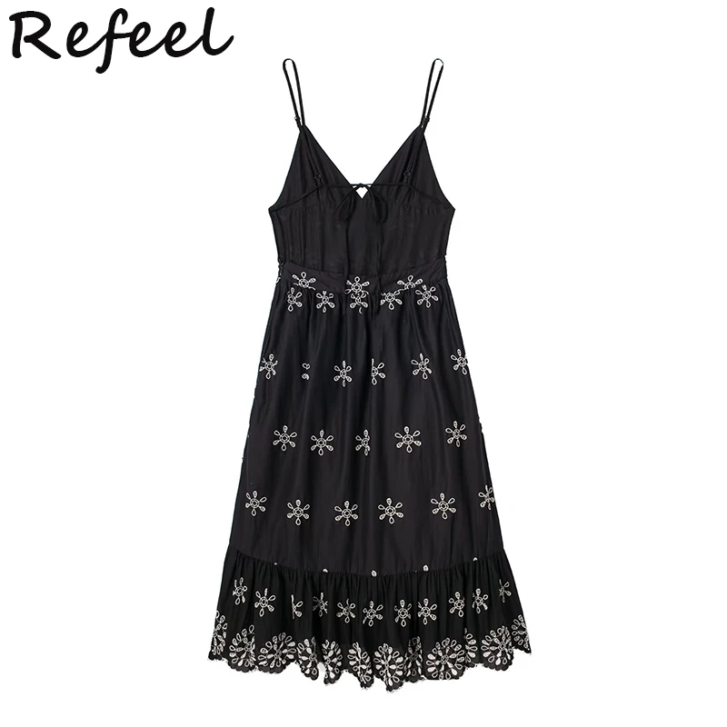 

Женское платье-миди без рукавов Refeel, винтажное пикантное праздничное пляжное платье с открытой спиной и вышивкой, с V-образным вырезом, черная молния, лето 2023