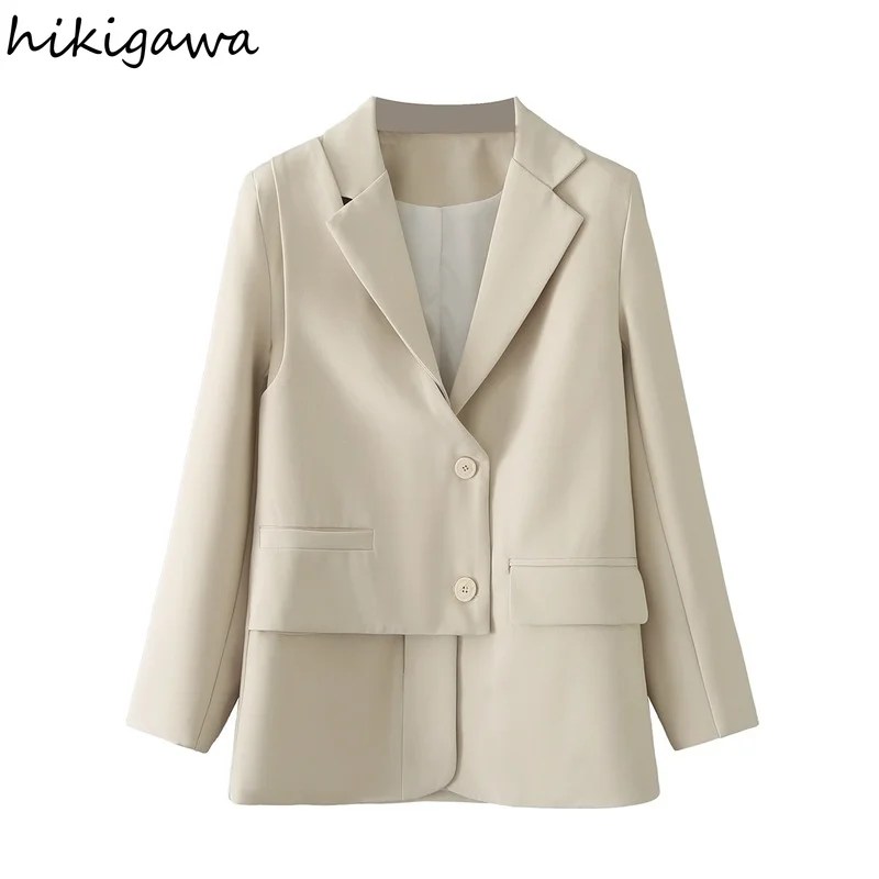 

Hikigawa Women Fashion Single Breasted Loose Fitting Casual Blazer Coat Vintage Long Sleeve Female Outerwear Chic Tops Mujer