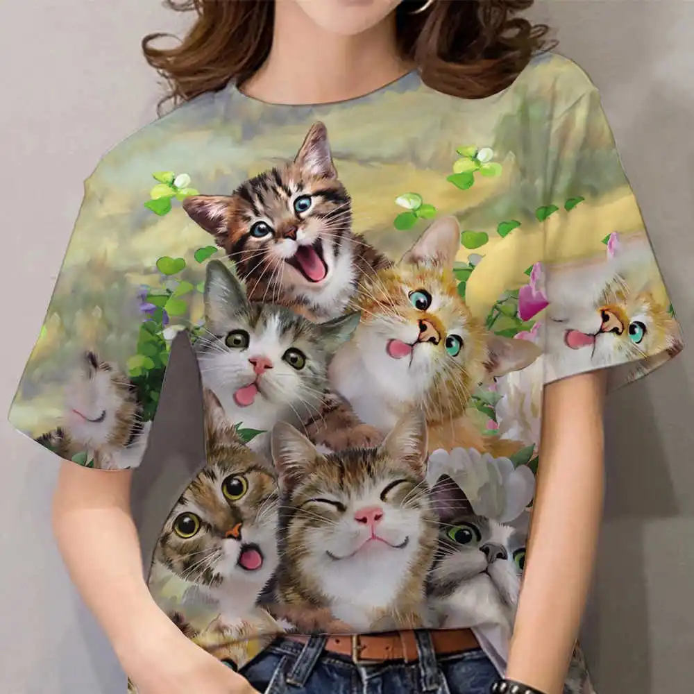 

Женские летние футболки Harajuku с 3D-принтом кошек, повседневные короткие футболки с круглым вырезом в стиле Харадзюку