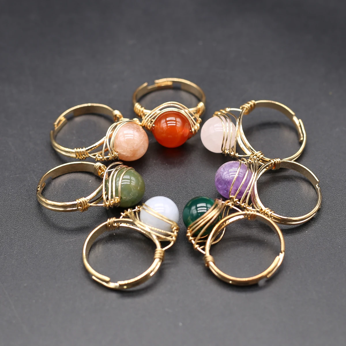 

Natural Ball Crystal Stone Cabochon Wire Wrapped Adjustable Rings Party Gift Balance Energy
