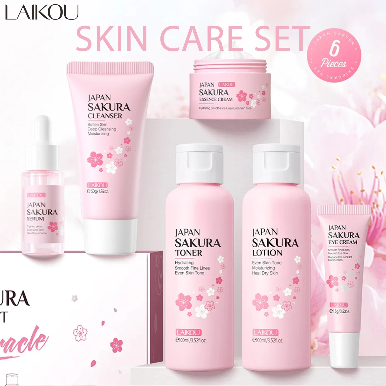 LAIKOU Japan Sakura Набор из 6 предметов для ухода за кожей Контроль жирности Очищающее