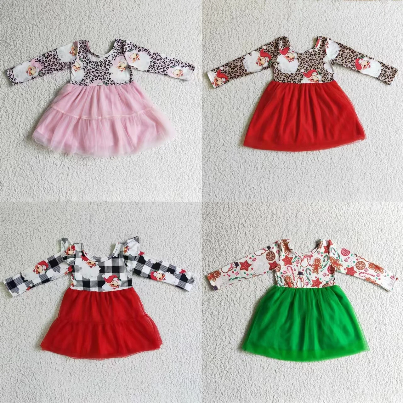 Wholesale Baby Girl Christmas Santa Long Sleeves Tulle Twirl Dress Children Infant Toddler Holiday Kids Gingerbread Clothes