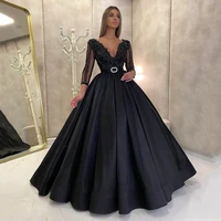 modern deep v neck black evening dress with lace appliques beading boho belt prom gown backless long sleeve satin robe de soir%c3%a9e