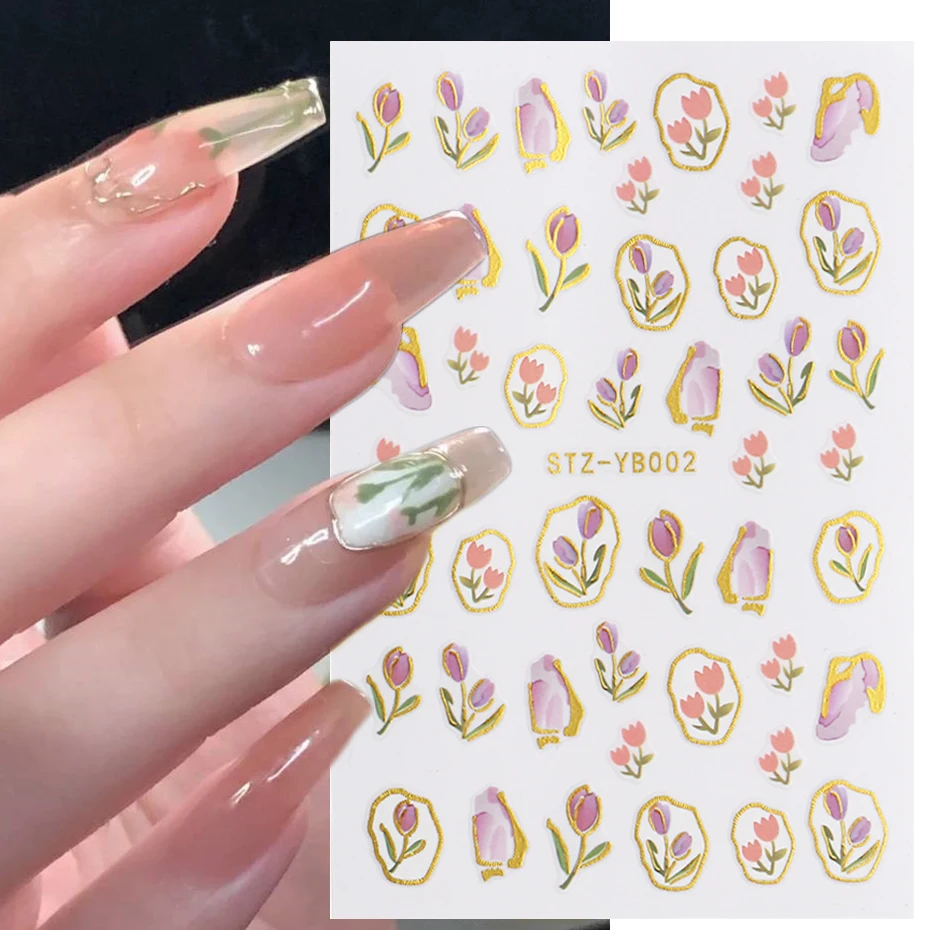 

Elegant Tulip Flower Nail Art Sticker 3D Charm Pink Blue Floral Gold Silver Line Summer Manicure Slider Decoration Decal BESTZYB