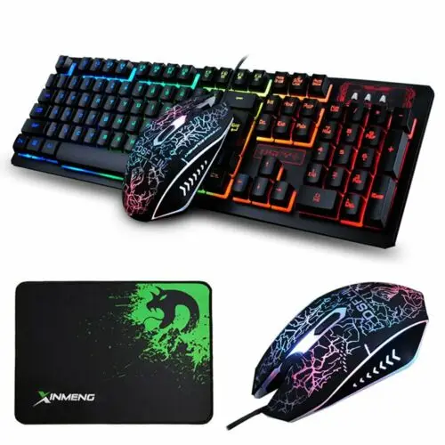 

Gaming Keyboard Mouse Combo Wired Rainbow Backlit 2400DPI Mousepad for PC Laptop