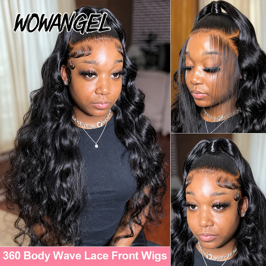Фото WOWANGEL 360 Full Lace Frontal Body Wave Wig Human Hair Invisi Drawstring Glueless HD Lace Preplucked Natural Hairline For Women №2