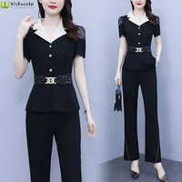 2022 new summer waist closing slim two piece set korean version of foreign style fashion large elegant womens suit