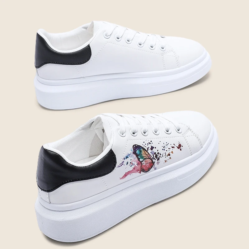 New Women Shoes Colorful Butterfly Pattern Decoration Casual Sneakers Thick-soled Height-enhancing White Shoes Lace-up Non-slip